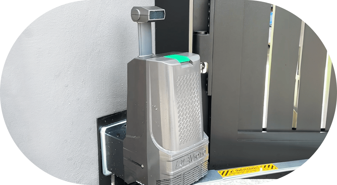 Golden Top's Alfa-Red infrared safety sensors on trackless autogate - child/pet detection with 99.9% accuracy