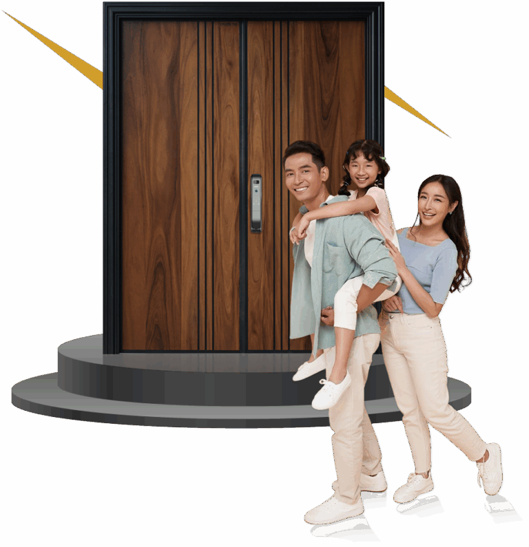 Malaysian Family Safely Entering Home with GoldenTop Timber Security Door - Elegant & Child-Safe Design